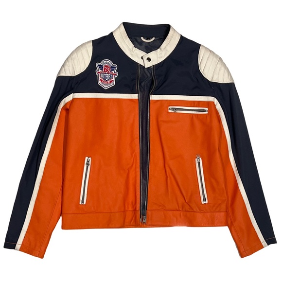 Vintage Y2K Biker Racer Jacket โ Genuine Pig Nappa Leather - orange navy Large - Picture 1 of 16